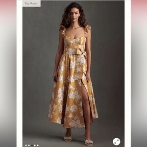 V. Chapman Vera Ruffle-Strap Corset Side-Slit Midi Dress in Gold Baroque Floral